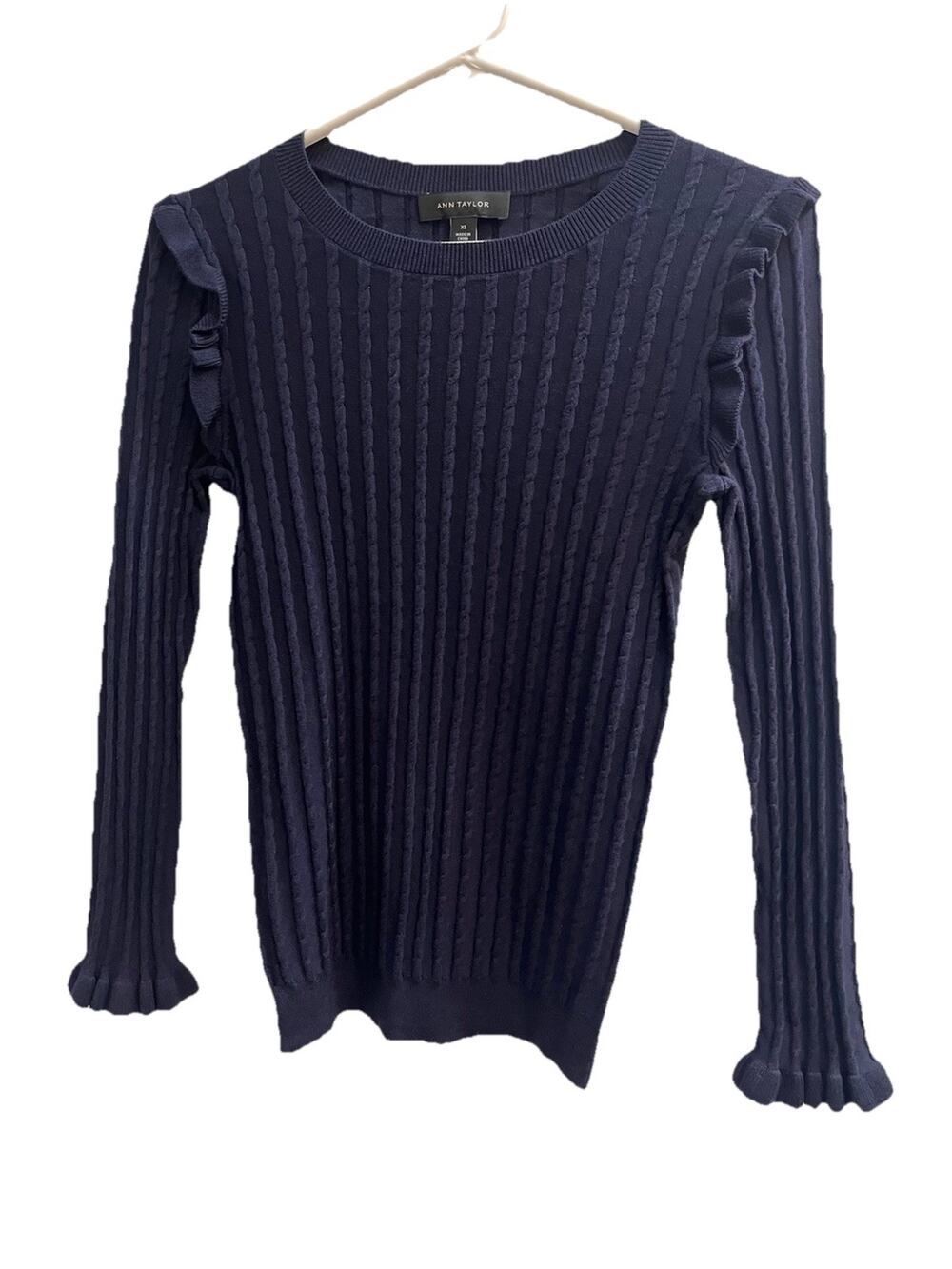 Ann Taylor XS Silk Blend Cable Knit Ruffle Shoulder Sweater Blue Balletcore